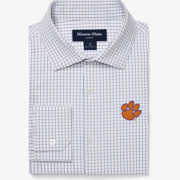 Clemson Leeward Dress Shirt - White Navy Mini Grid, featured product shot