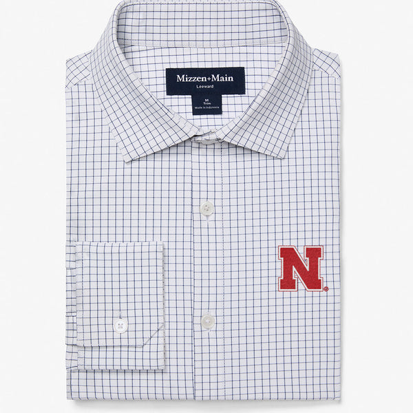 Nebraska Leeward Dress Shirt - White Navy Mini Grid, featured product shot