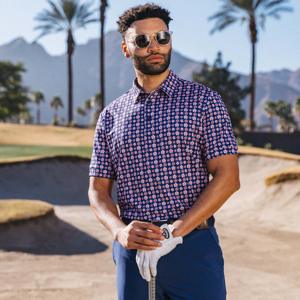 Versa Polo - Navy Red Floral, lifestyle/model photo
