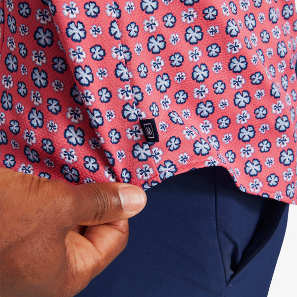 Halyard Short Sleeve - Red Floral Print, fabric swatch closeup