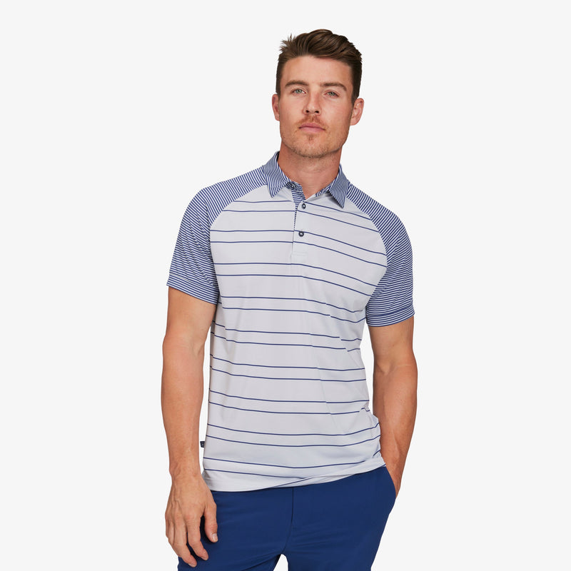 Versa Clubhouse Polo - Gray Navy Stripe, lifestyle/model