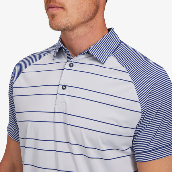 Versa Clubhouse Polo - Gray Navy Stripe, lifestyle/model photo