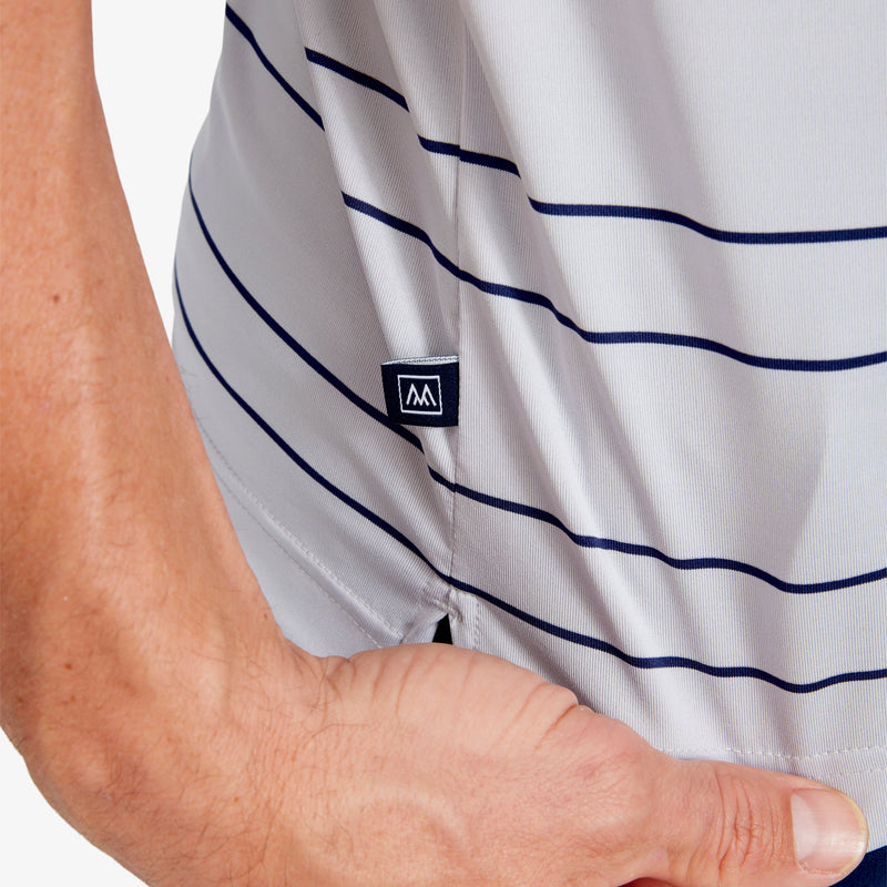 Versa Clubhouse Polo - Gray Navy Stripe, lifestyle/model