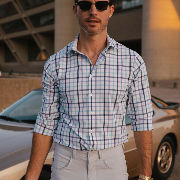 Leeward Dress Shirt - Lavender Blue Plaid, lifestyle/model photo