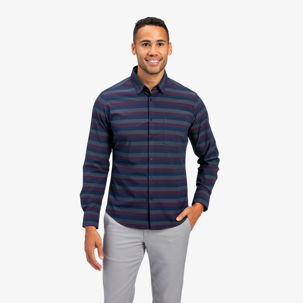 Leeward No Tuck Dress Shirt - Navy Burgundy Horizontal&nbsp;Stripe, featured product shot