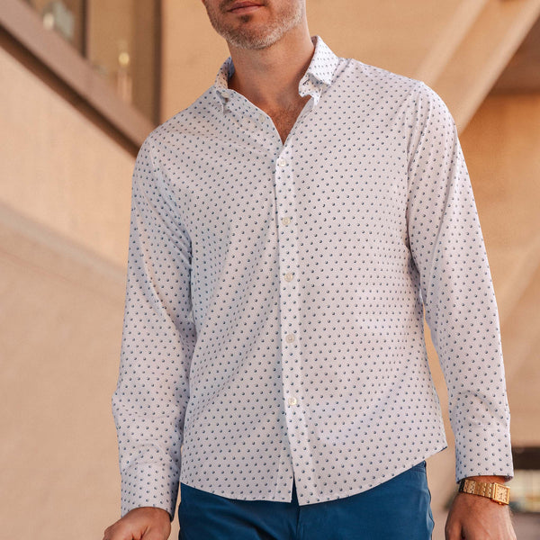 Leeward No Tuck Dress Shirt - Navy Gray Geo Box&nbsp;Print, lifestyle/model photo