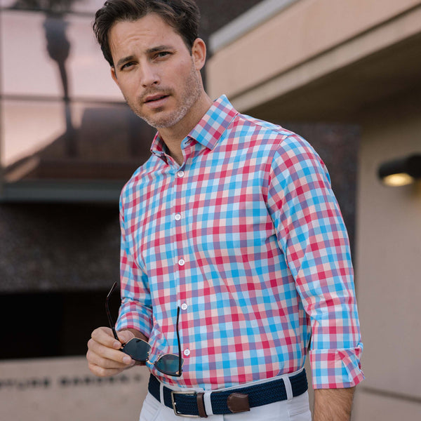 Monaco Dress Shirt - Red Blue Multi Large&nbsp;Check, lifestyle/model photo
