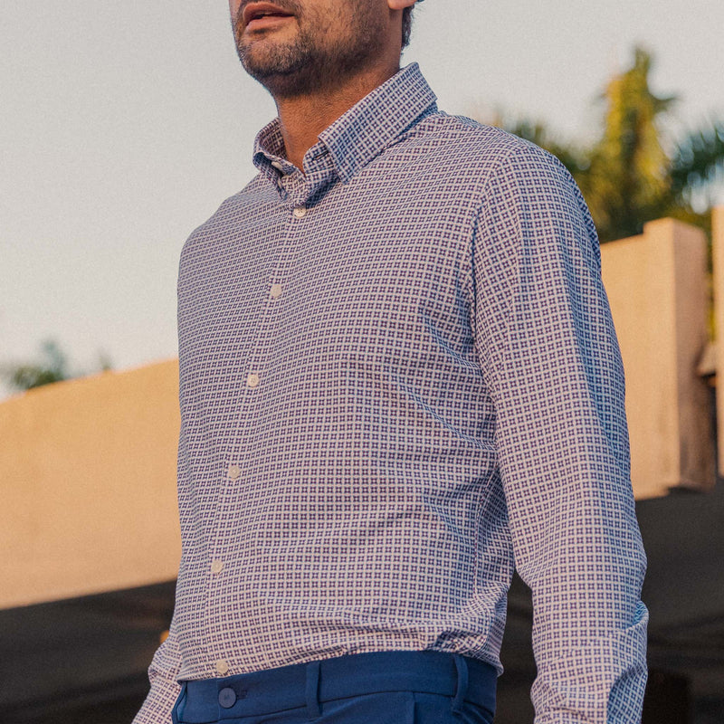 Monaco Dress Shirt - Blue Red Geo Print, lifestyle/model