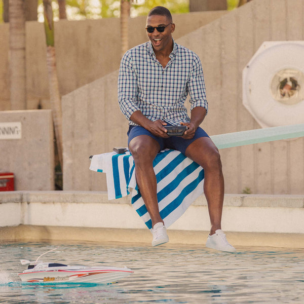 Leeward No Tuck Dress Shirt - Cobalt Blue and Pink&nbsp;Check, lifestyle/model photo