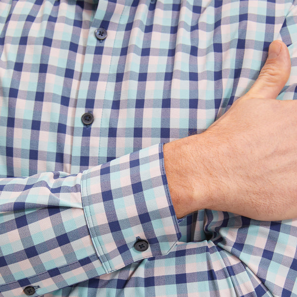 Leeward No Tuck Dress Shirt - Cobalt Blue and Pink&nbsp;Check, fabric swatch closeup