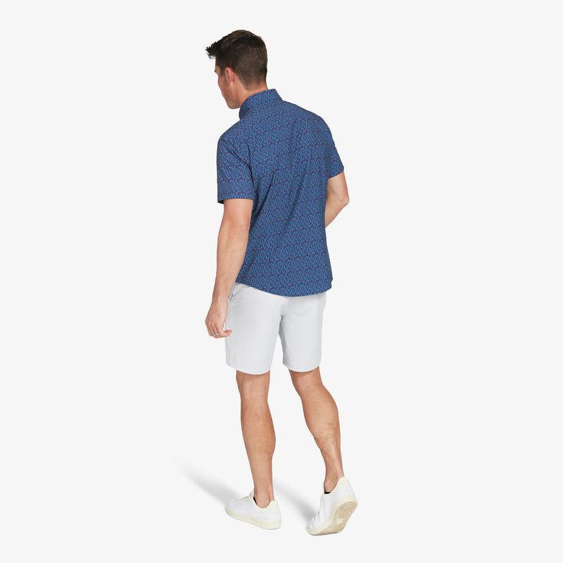 Leeward Short Sleeve - Navy Red Vertical Linear Print, lifestyle/model