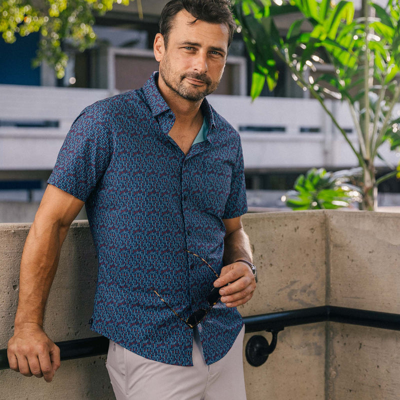 Leeward Short Sleeve - Navy Red Vertical Linear Print, lifestyle/model