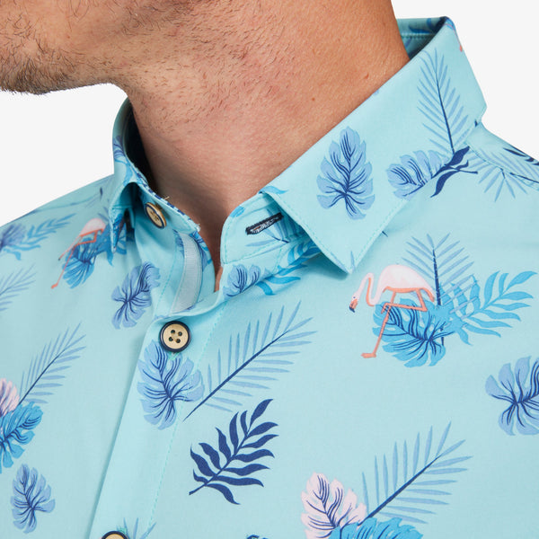 Leeward Short Sleeve - Aqua Pink Flamingo&nbsp;Print, fabric swatch closeup