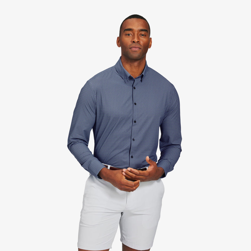 Monaco Dress Shirt - Blue Yellow Geo Print, lifestyle/model