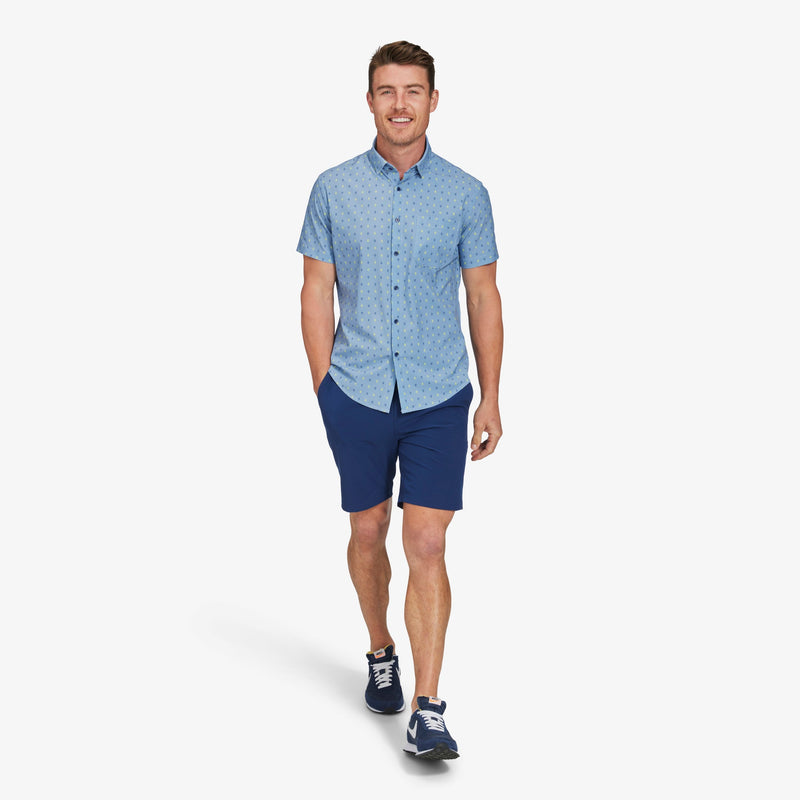 Leeward Short Sleeve - Blue Yellow Leaf Print, lifestyle/model