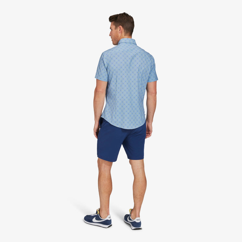 Leeward Short Sleeve - Blue Yellow Leaf Print, lifestyle/model