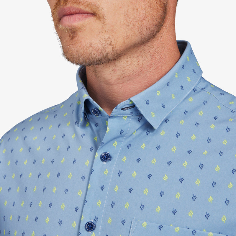 Leeward Short Sleeve - Blue Yellow Leaf Print, lifestyle/model