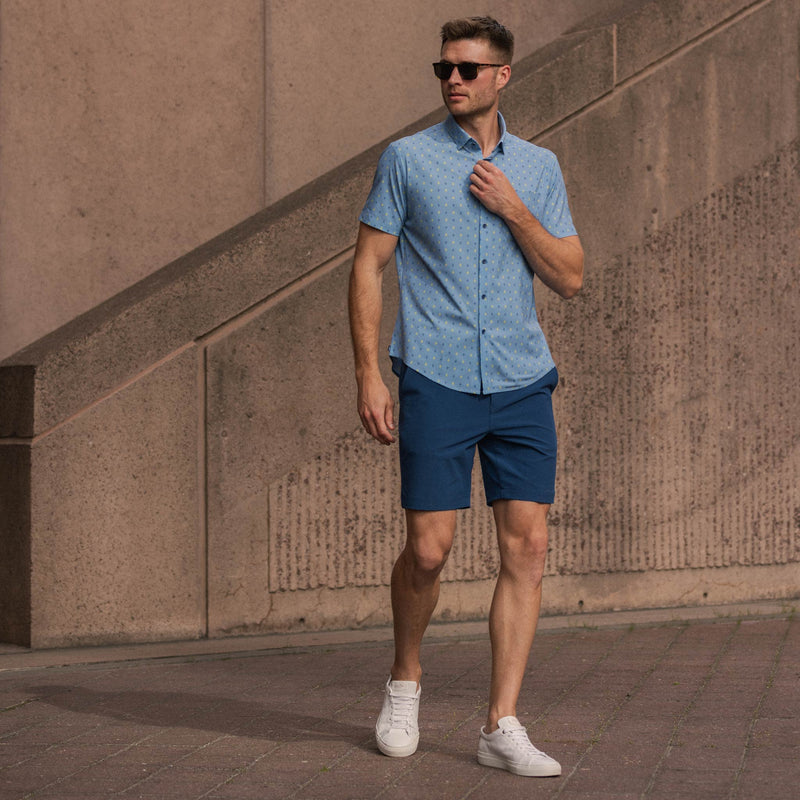 Leeward Short Sleeve - Blue Yellow Leaf Print, lifestyle/model