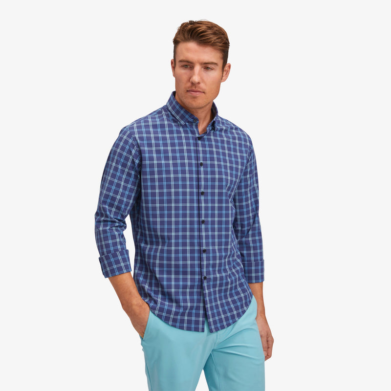 Leeward No Tuck Dress Shirt - Navy Aqua Windowpane Plaid, featured product shot