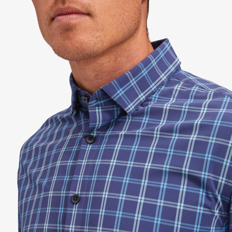 Leeward No Tuck Dress Shirt - Navy Aqua Windowpane Plaid, lifestyle/model