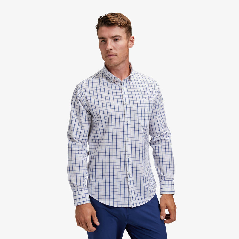 Leeward No Tuck Dress Shirt - White Navy Windowpane, lifestyle/model