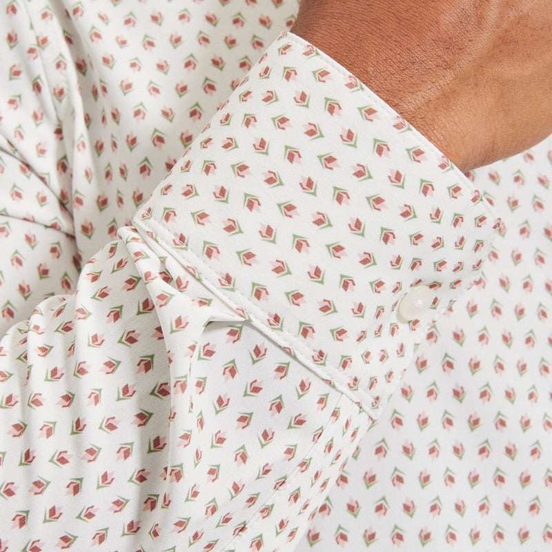 Leeward No Tuck Dress Shirt - White Pink Geo Floral Print, fabric swatch closeup