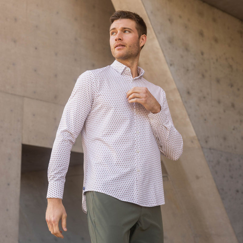 Leeward No Tuck Dress Shirt - White Pink Geo Floral Print, lifestyle/model