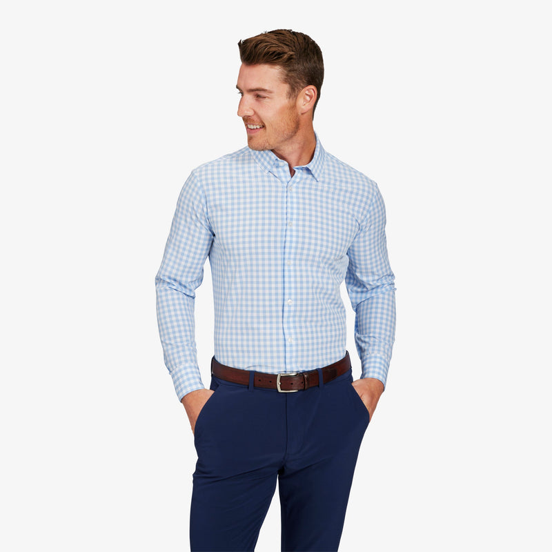 Leeward Dress Shirt - Light Blue Gingham, lifestyle/model