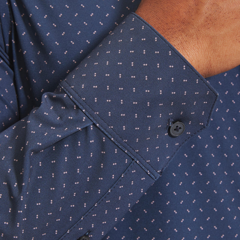 Leeward Dress Shirt - Navy Pink Dot Print, fabric swatch closeup