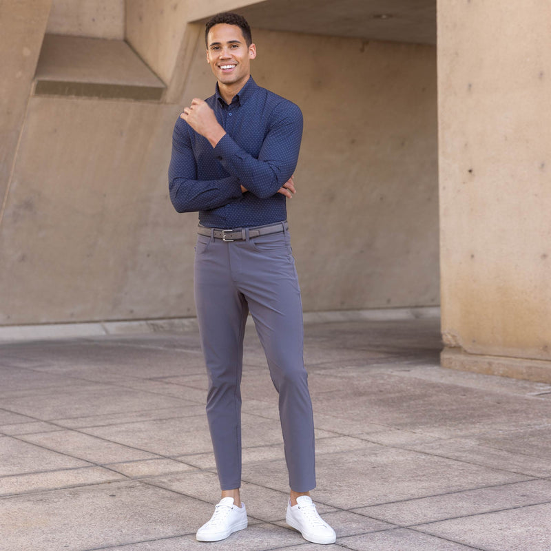 Leeward Dress Shirt - Navy Pink Dot Print, lifestyle/model