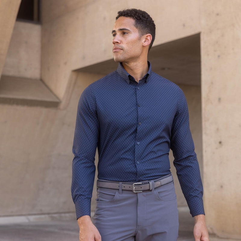 Leeward Dress Shirt - Navy Pink Dot Print, lifestyle/model