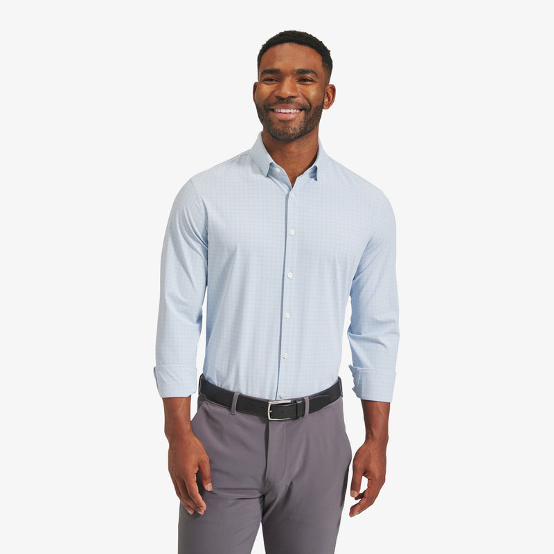 Leeward Dress Shirt - Light Blue Mini Plaid, lifestyle/model