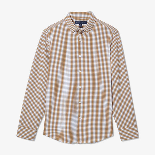 Leeward No Tuck Dress Shirt - Golden Brown Gingham, fabric swatch closeup