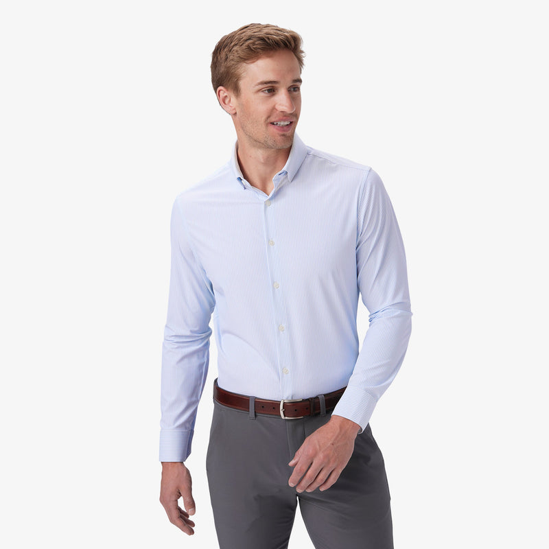 Leeward Dress Shirt - Bel Air Blue Banker Stripe, lifestyle/model