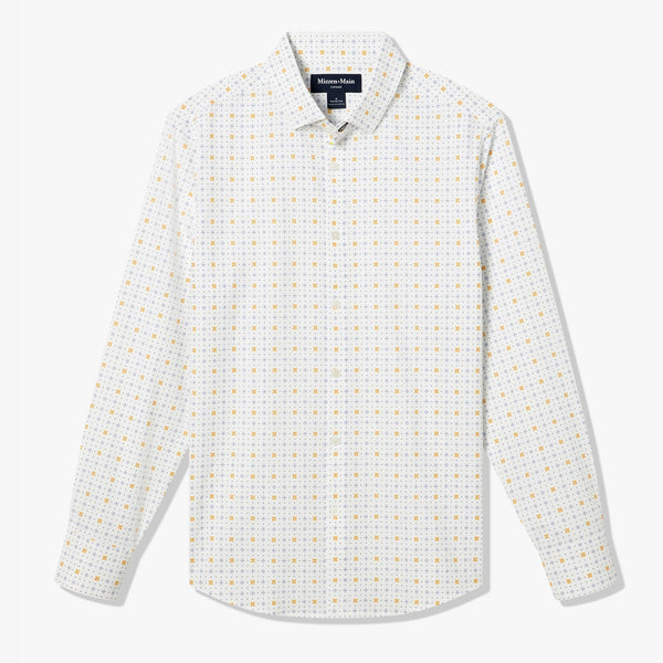Leeward No Tuck Dress Shirt - White Geo Floral, fabric swatch closeup