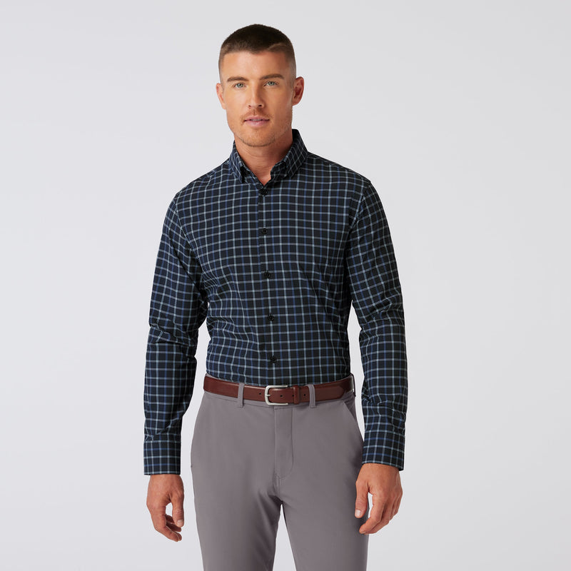 Leeward Dress Shirt - Navy Stewart Plaid, fabric swatch closeup