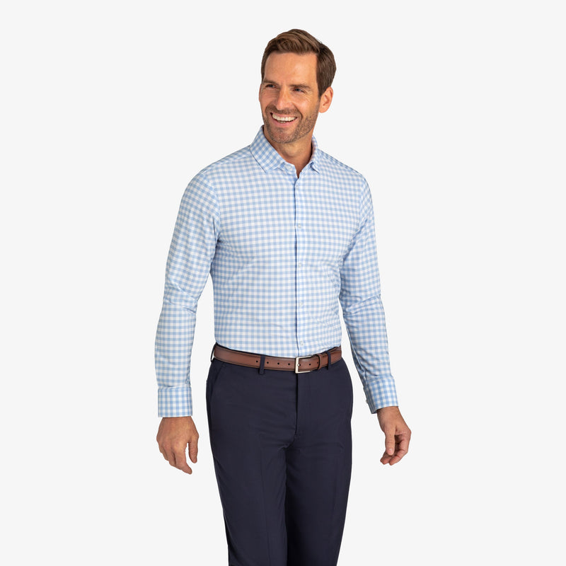 Leeward Dress Shirt - Light Blue Gingham, lifestyle/model