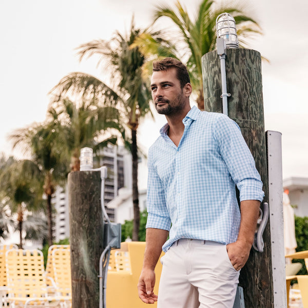 Leeward Dress Shirt - Light Blue Check, lifestyle/model photo