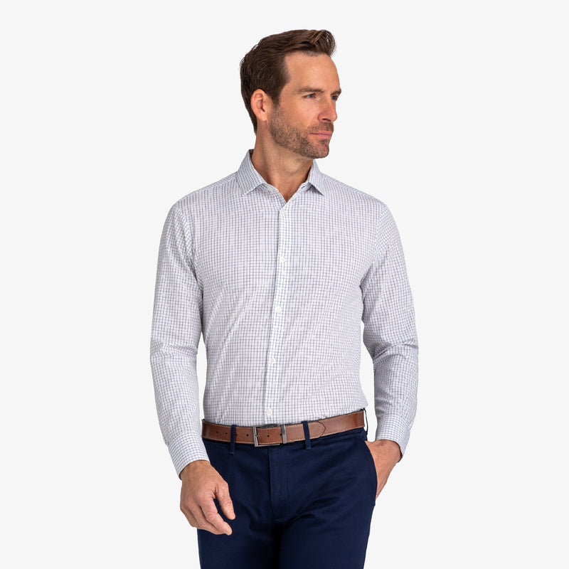 Leeward Dress Shirt - White Navy Mini Grid, lifestyle/model