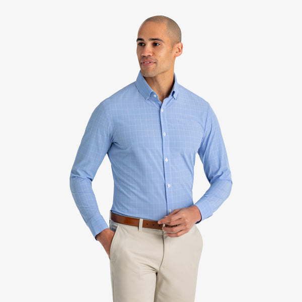mizzentest Dress Shirt - Blue Chambray Plaid, lifestyle/model photo