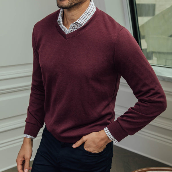 Pomerelle - Burgundy Solid V Neck, lifestyle/model photo