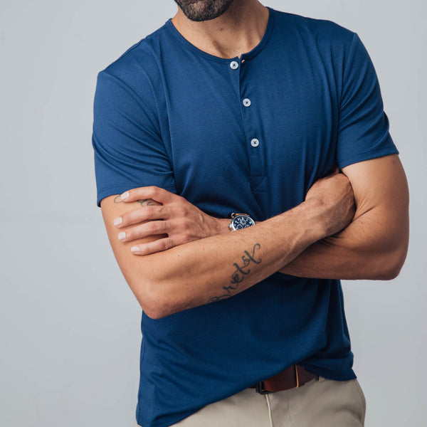 Tigua - Navy Short Sleeve Henley, lifestyle/model photo