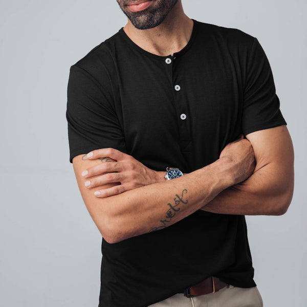 Tohono - Black Short Sleeve Henley, lifestyle/model photo
