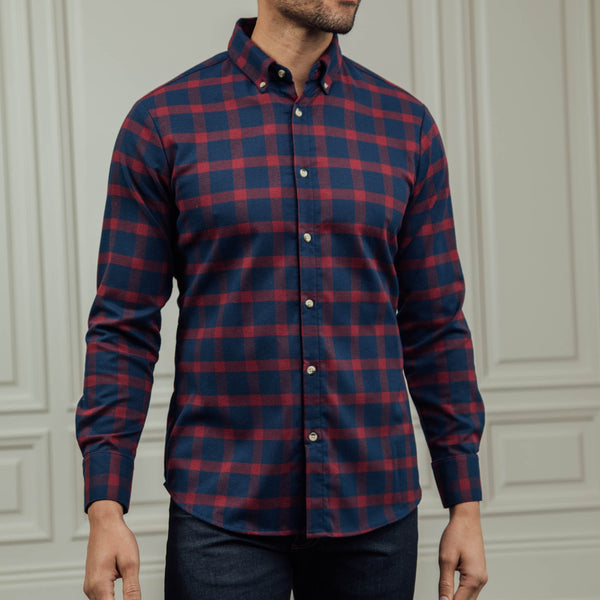 Tonto - Navy Burgundy Check Flannel, lifestyle/model photo