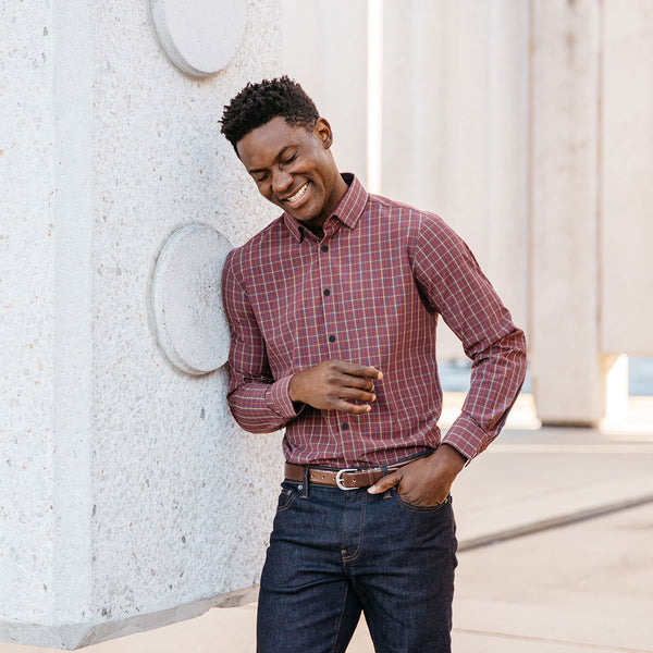 Tyler - Burgundy Multi Plaid, lifestyle/model photo