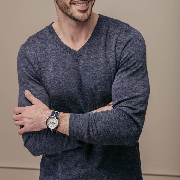 Wells - Blue Heathered Sweater, lifestyle/model photo