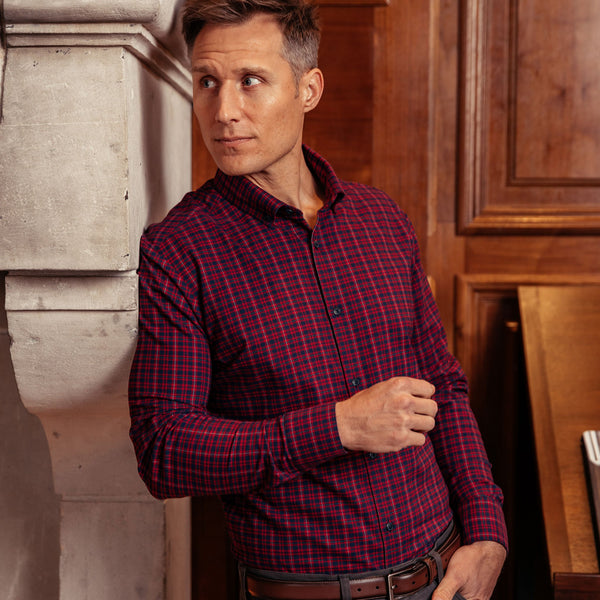 Wallace - Red Navy Plaid, lifestyle/model photo