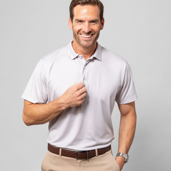 Phil Mickelson Golf Polo - White Gray Geo Print, lifestyle/model photo